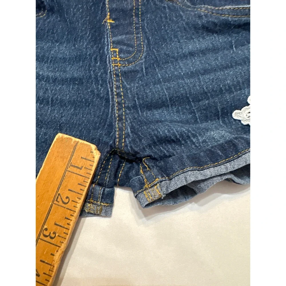 Beautees Girls Dark Wash Denim Butterfly Lace Shorts Size S 7/8 Elastic Waist